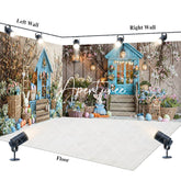 Aperturee - Aperturee Blue House Bunny Egg Floral Easter Room Set Backdrop